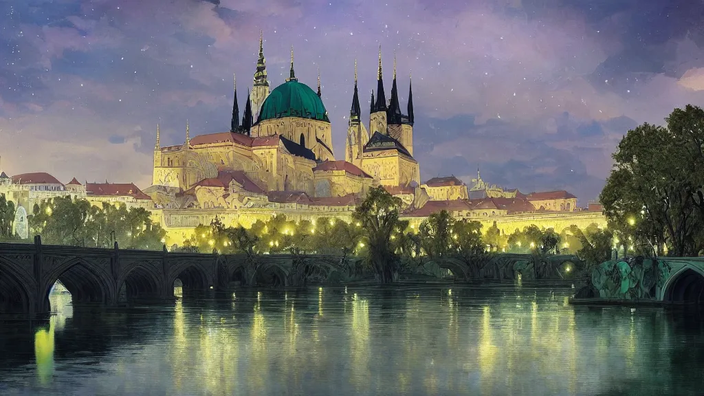 Image similar to a beautiful painting of a view from the river of an arabian prague palace made of green, polished semiprecious malachite marble and jade at night with a sky full of stars, intricate, elegant, highly detailed, digital painting, artstation, concept art, by krenz cushart and artem demura and alphonse mucha