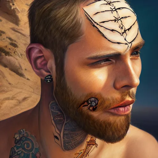 Image similar to a detailed portrait of a tan boy with a small face tattoo in the desert, fantasy art illustration, incredibly highly detailed and realistic, 8 k, sharp focus