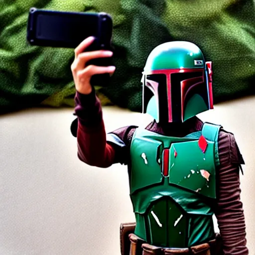 Image similar to boba fett poses as a selfi girl