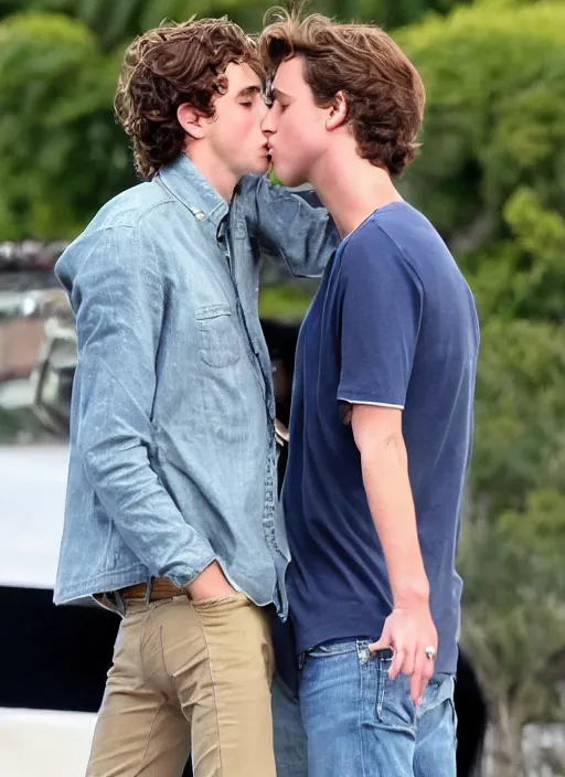 Image similar to photo of Timothee Chalamet kissing boyfriend Armie Hammer in LA