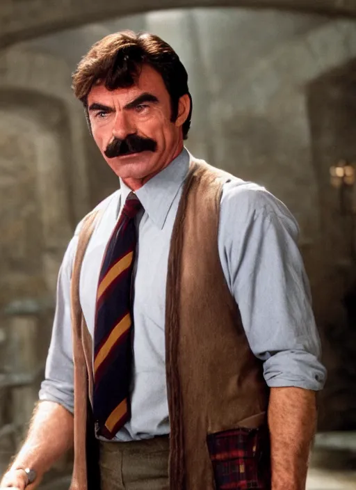 Image similar to film still of tom selleck as harry potter in harry potter, 4 k