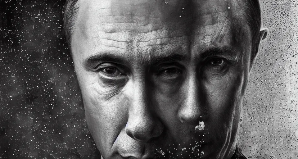 Prompt: hyperrealistic mixed media portrait of a sad Vladimir Putin forward angle, stunning 3d render inspired art by P. Craig Russell and Barry Windsor-Smith + perfect facial symmetry + dim volumetric lighting, 8k octane beautifully detailed render, post-processing, extremely hyperdetailed, intricate complexity, epic composition, grim yet sparkling atmosphere, cinematic lighting + masterpiece, trending on artstation