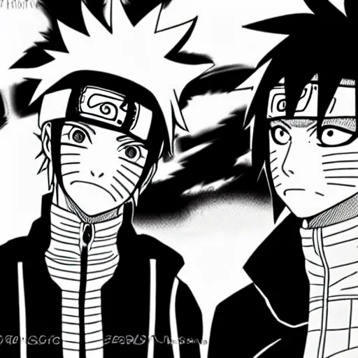 Prompt: Naruto and Sasuke, staring at each other intensely by Yusuke Murata