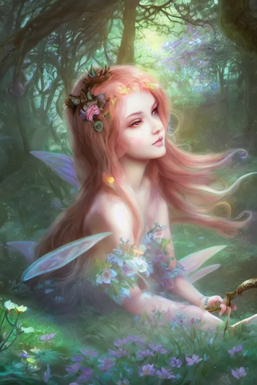 Image similar to a cute fairy in the dreamy forest, fantasy, 8 k resolution, hyper detailed, d & d, character design, digital painting, trending on artstation, sharp focus, illustration, art by artgerm, steve zheng, fuji choko, viktoria gavrilenko, hoang lap