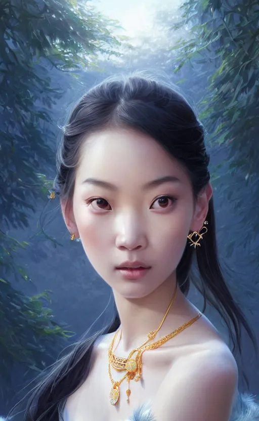 Image similar to a beautiful young charming asian goddess with sundress + jewelry + shinny eyes | | winter, symmetric, realistic shaded, unpleasant face, good looking, fine details, dior, lv, realistic shaded lighting poster by greg rutkowski, macoto takahashi, magali villeneuve, artgerm, jeremy lipkin and michael garmash