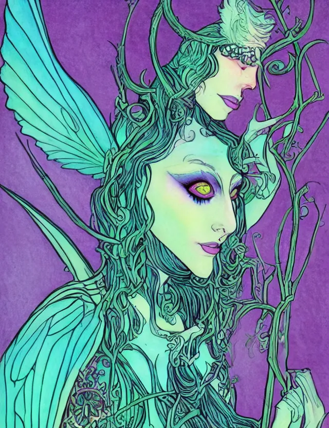 Prompt: luna moth sorceress. this heavily stylized pastel by the award - winning comic artist has interesting color contrasts, plenty of details and impeccable lighting.