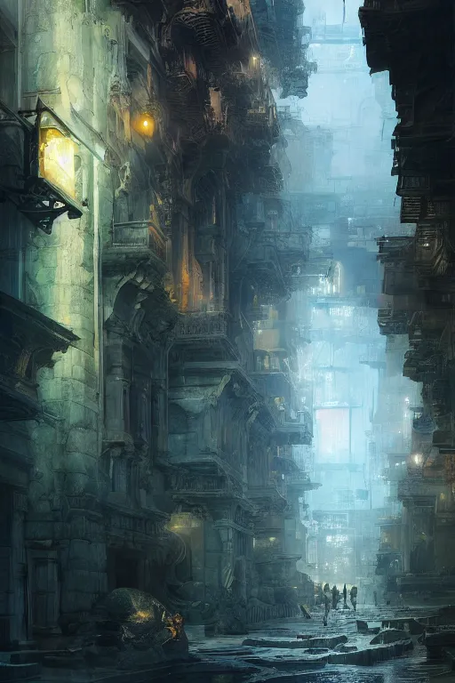 Image similar to inside the street of the city of atlantis, powerfull, intricate, elegant, volumetric lighting, digital painting, highly detailed, artstation, sharp focus, illustration, concept art, ruan jia, steve mccurry