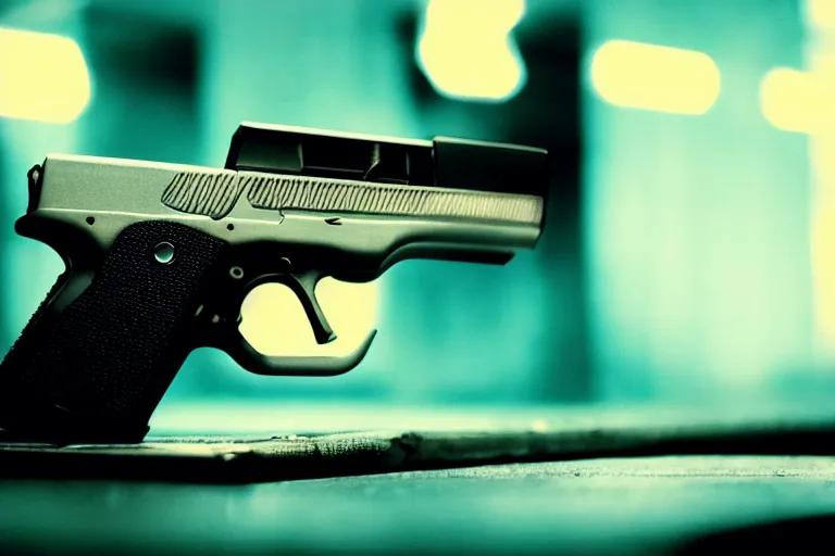 Prompt: film still of closeup pistol taped under table, cinematic, moody, gritty neon noir by emmanuel lubezki