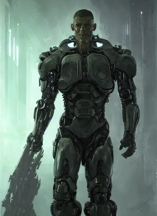 Image similar to mark sinclair as victor stone, full body concept, cyborg, borg, strogg, face of a man, terminator, flesh, quake strogg, doom demon, wolfenstein, monstrous, powerful, symmetry, symmetrical, concept art by ruan jia and greg rutkowski