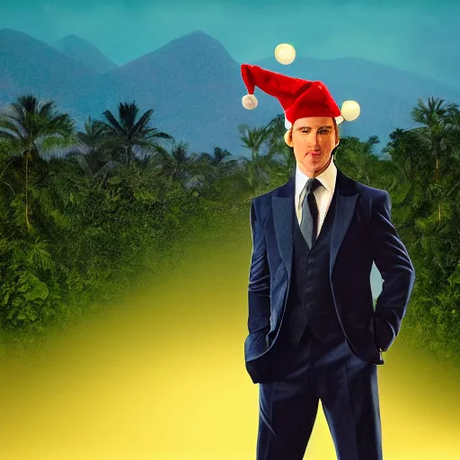 Prompt: tom cruise in costume with a christmas hat and a small dog. tropical forest in the background. sunset lighting. in the style of wes anderson