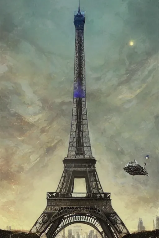 Image similar to the Eiffel Tower being visited by a large UFO, an epic painting, glinting metal, volumetric lighting, intricate, elegant, highly detailed, digital painting, artstation, concept art, smooth, sharp focus, art by Maciej Kuciara