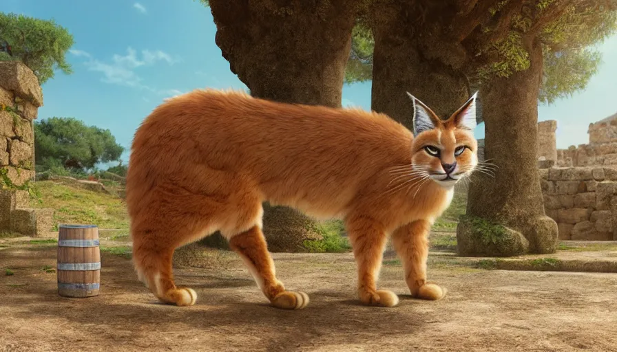 Prompt: wooden barrel on one side, fullbody photo of cute fluffy caracal in it, ancient greek city, sunny day, by ilya kuvshinov, rtx rendering, octane render 1 2 8 k, maya, extreme high intricate details by tom bagshaw, medium shot, close up shot, composition by sana takeda, lighting by greg rutkowski