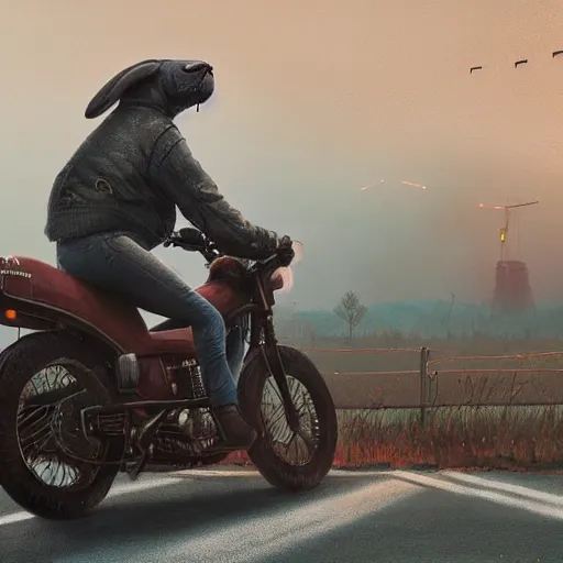 Prompt: bunny wearing a leather jacket riding a motorbike by simon - stalenhag!!!, ultra detailed, 8 k resolution, rule of thirds, dynamic pose, action pose, beautiful landscape