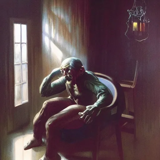 Prompt: angry old man in chair inside a dark house, surrealism, painting by boris vallejo and michael whelan