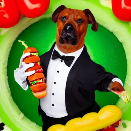 Image similar to a beautiful hotdog character in space wearing a tuxedo with colorful bright green eyes, medium shot, hd, 8k, hyper-realism, detailed,