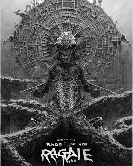 Image similar to rage against the machine band made out of machine parts, concept art, intricate details, highly detailed by greg rutkowski, michael whelan and gustave dore