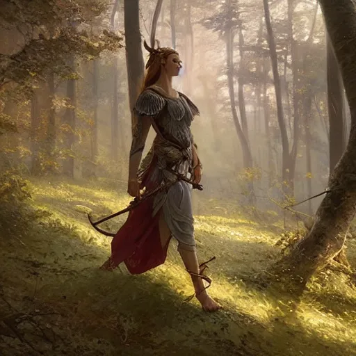 Prompt: The viking goddess Freya walking near a forest in spring season, athletic , gorgeous, beautiful, intricate, highly detailed, digital painting, artstation, concept art, sharp focus, illustration, art by greg rutkowski and alphonse mucha