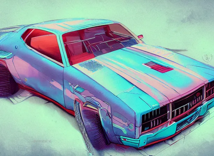 Prompt: detailed concept art illustration colorful pastel painting of a retro cyberpunk muscle car in full intricate detail, ultra detailed, digital art, octane render, 4K, dystopian, micro details