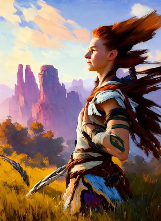 Image similar to portrait of a american Aloy from Horizon Zero Dawn in the style of League of Legends practicing, countryside, calm, fantasy character portrait, dynamic pose, above view, sunny day, thunder clouds in the sky, artwork by Jeremy Lipkin and Giuseppe Dangelico Pino and Michael Garmash and Rob Rey and Huang Guangjian, face by Fernanda Suarez and Greg Manchess, very coherent asymmetrical artwork, sharp edges, perfect face, simple form, 100mm