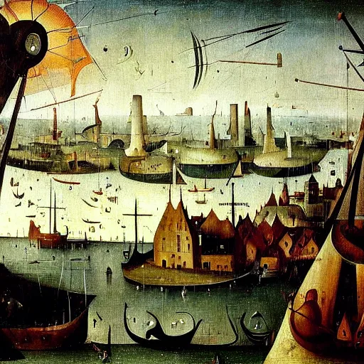 Image similar to Stunning and highly detailed painting of Port Rhu by Hieronymus Bosch