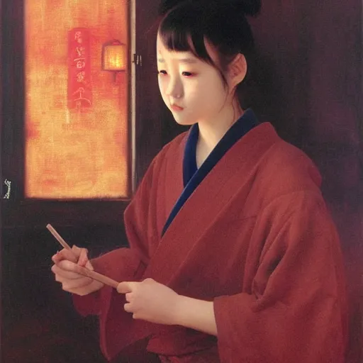 Image similar to beautiful young japanese girl with glowing red eyes finds herself lost in a dark indigo room, muted cold colors, painting part by wojciech siudmak, part by ilya repin, part by norman rockwell, artstation