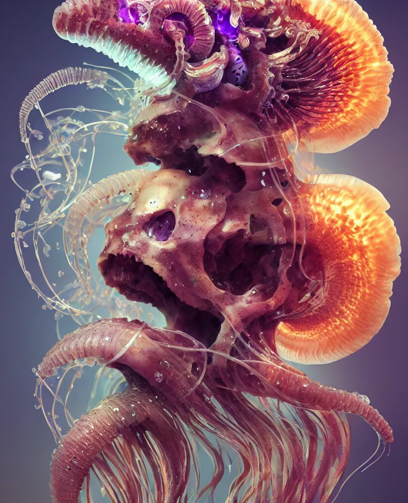 Image similar to goddess close-up portrait ram skull. jellyfish phoenix head, nautilus, orchid, ram skull, betta fish, bioluminiscent creatures, intricate artwork by Tooth Wu and wlop and beeple. octane render, trending on artstation, greg rutkowski very coherent symmetrical artwork. cinematic, hyper realism, high detail, octane render, 8k