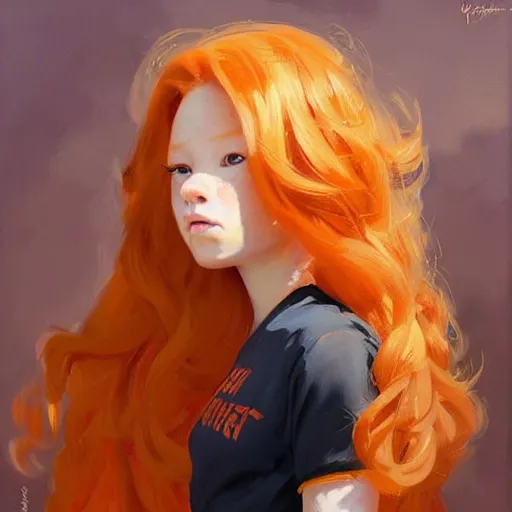 Image similar to greg manchess portrait painting of ginger girl!!! long curly hair!! evil, sad! with a ginger cat as overwatch character, medium shot, asymmetrical, profile picture, organic painting, sunny day, matte painting, bold shapes, hard edges, street art, trending on artstation, by huang guangjian and gil elvgren and sachin teng