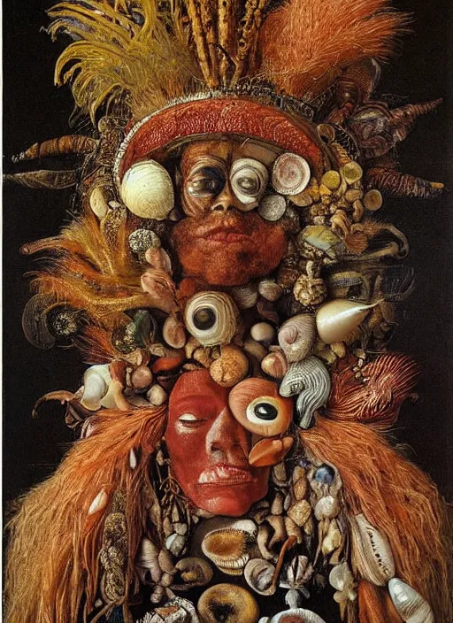 Image similar to a surreal painting of a shaman's face, by Giuseppe Arcimboldo, seashells, symbolist, soft colors, dramatic lighting, smooth, sharp focus, extremely detailed, aesthetically pleasing composition