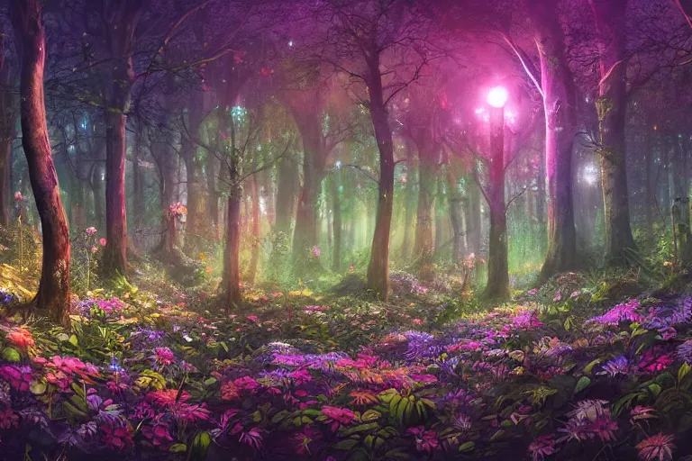 Image similar to enormously detailed photo art of small multiple colorful eye-catching flowers glow in the night dark forest, high fantasy matte painting, atmospheric lighting, highly detailed illustration highlights, 8K detail post-processing, featured on DeviantArt, trending on cgsociety