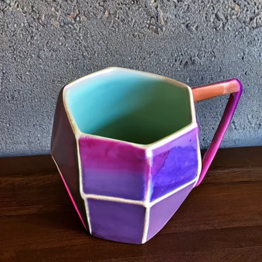 Image similar to geodesic triangle handbuilt ceramic mug with pink and purple pearlescent glaze