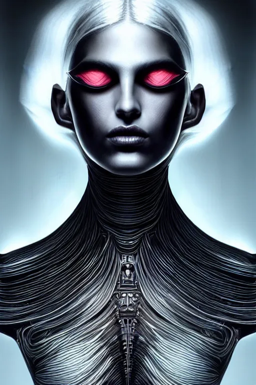 Prompt: Supermodel woman turning into an Android portrait, dark surrealism , scifi, intricate design, elegant, sharp black eyebrows, ornate long platinum neon blonde hair and small black strand streaks, highly detailed cybernetic body, glowing eyes, digital painting, artstation, concept art, smooth, sharp focus, illustration, art by Artgerm and moebius and Peter Mohrbacher