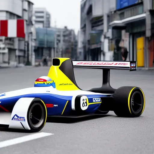 Prompt: alpine renault formula 1 car in the style of gundam, racing through tokyo streets