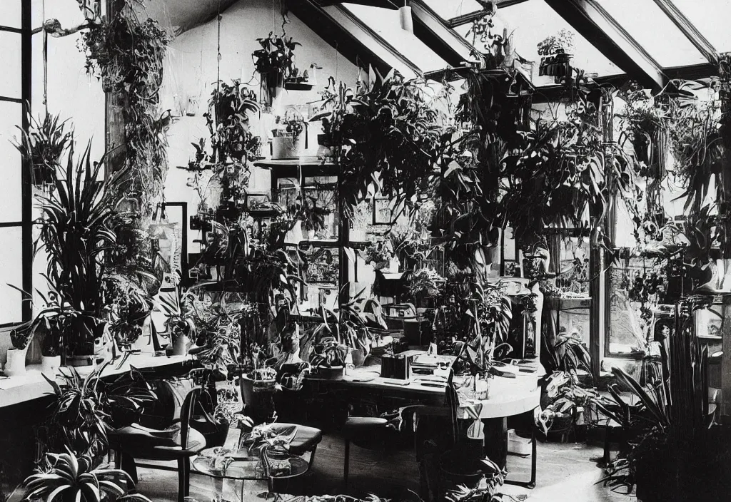 Prompt: 1970s interior magazine photo of a witchcore office with candles, wooden walls with framed occult art, and a potted cactus and some hanging plants, with natural dappled light coming in through a circular window, in an attic