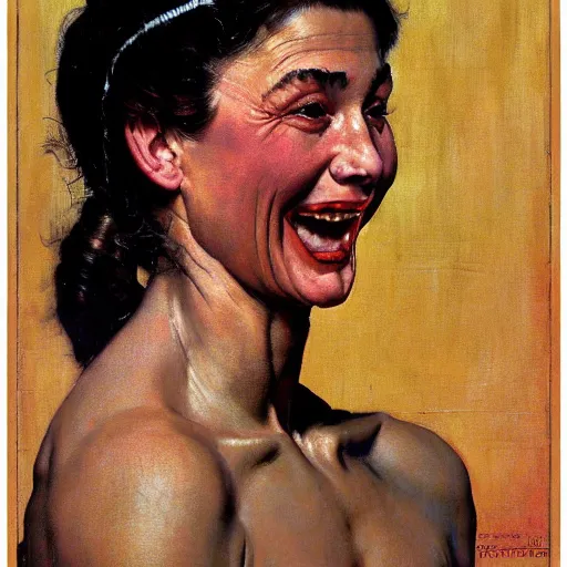 Prompt: Frontal painting of the face of a muscular and happy priestess. A painting by Norman Rockwell.