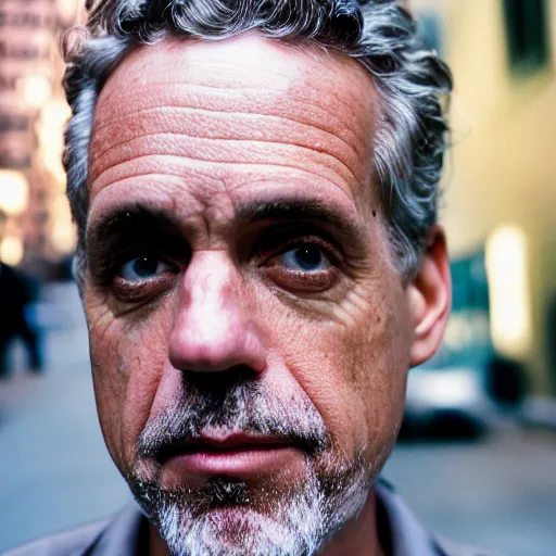 Image similar to closeup portrait of Jordan Peterson , new york back street , by Steve McCurry, natural light, detailed face, CANON Eos C300, ƒ1.8, 35mm, 8K, medium-format print