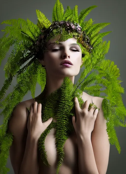 Image similar to a photo of a female model, organic headpiece, fern, vines, horn, moss, fashion photography, realistic, hyperdetails, dark grey backdrop studio, body paint