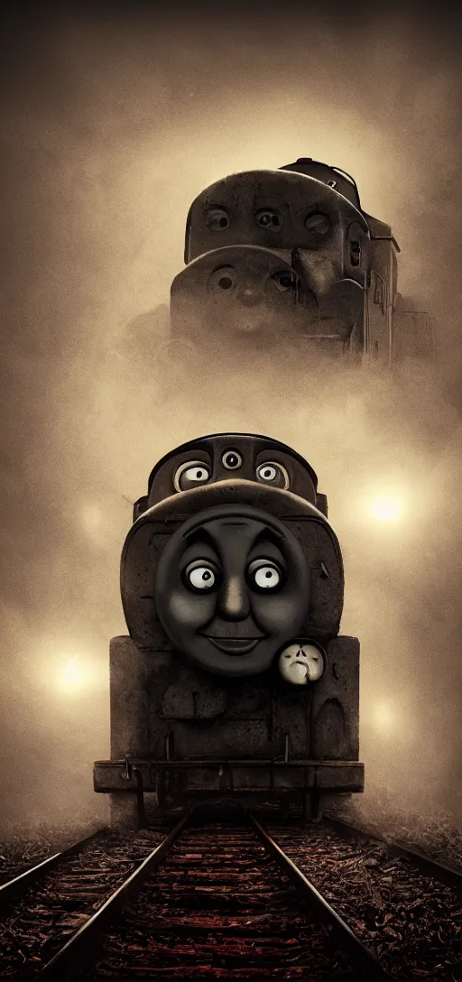 Image similar to thomas the tank engine in style of zdzisław beksinski, extremely dramatic lighting, 8 k, tendrils, black, darkness, black slime tendrils, infected, rust, body horror, thomas the train, thomas the tank engine face, horror,