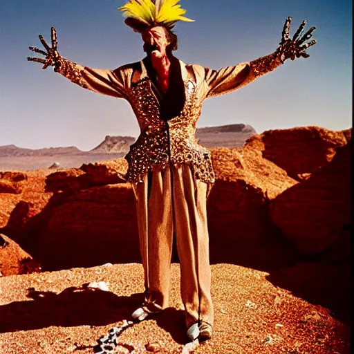 Prompt: salvador dali wearing a costume with jewels in a dry rocky desert landscape, visible sky and sunny atmosphere, film still from the movie by alejandro jodorowsky with cinematogrophy of christopher doyle and art direction by hans giger, anamorphic lens, kodakchrome, very detailed photo, 8 k