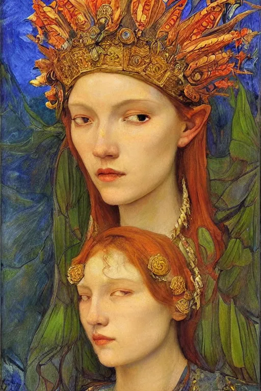 Image similar to queen of summer by Annie Swynnerton and Nicholas Roerich, strong dramatic cinematic lighting , ornate headdress , flowing robes, lost civilizations, smooth, sharp focus, extremely detailed