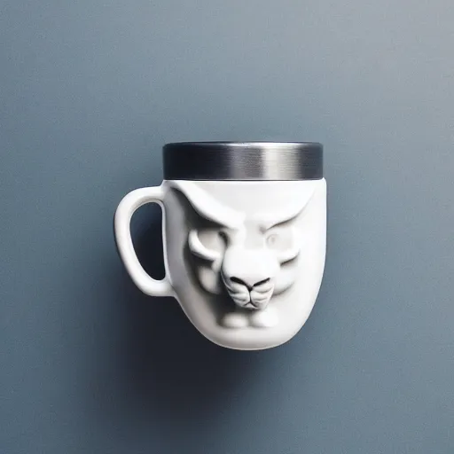 Prompt: a product photography photo of a porcelain mug that looks like the head of a lion, on a white table