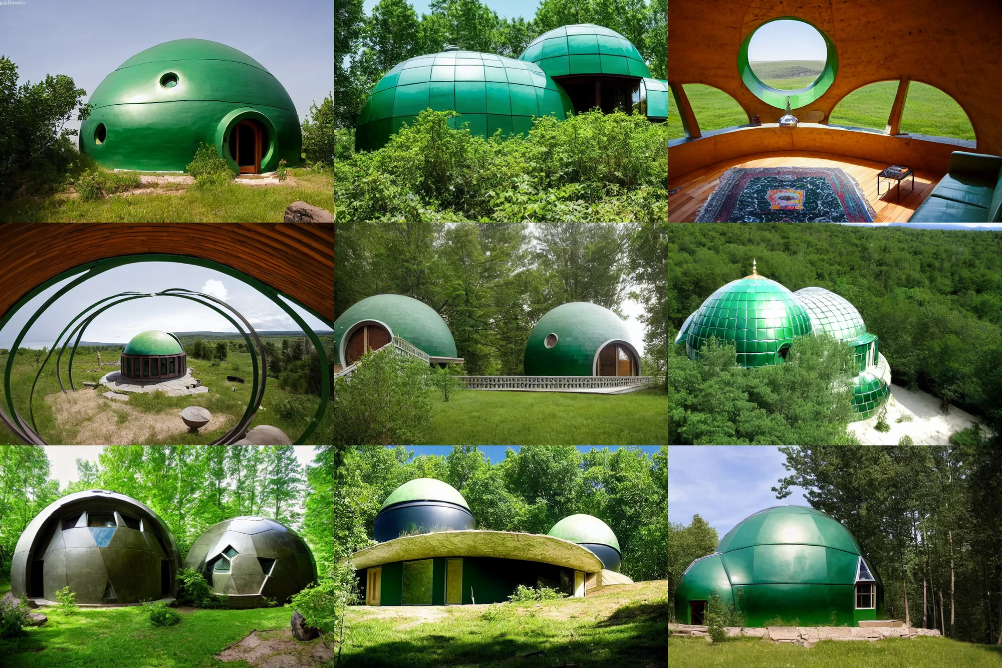 Prompt: spectacular green dome house by buckminster fuller and kristoffer tejlgaard, earthship, optimus sun orientation, north hemisphere,