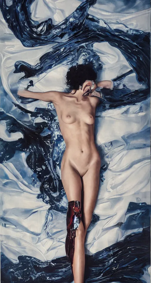 Prompt: hyperrealism oil painting, long view of fashion model in dark clothes, melted cyborg, white sheets mixed with ocean pattern and night sky, in style of classicism mixed with 70s japan book art