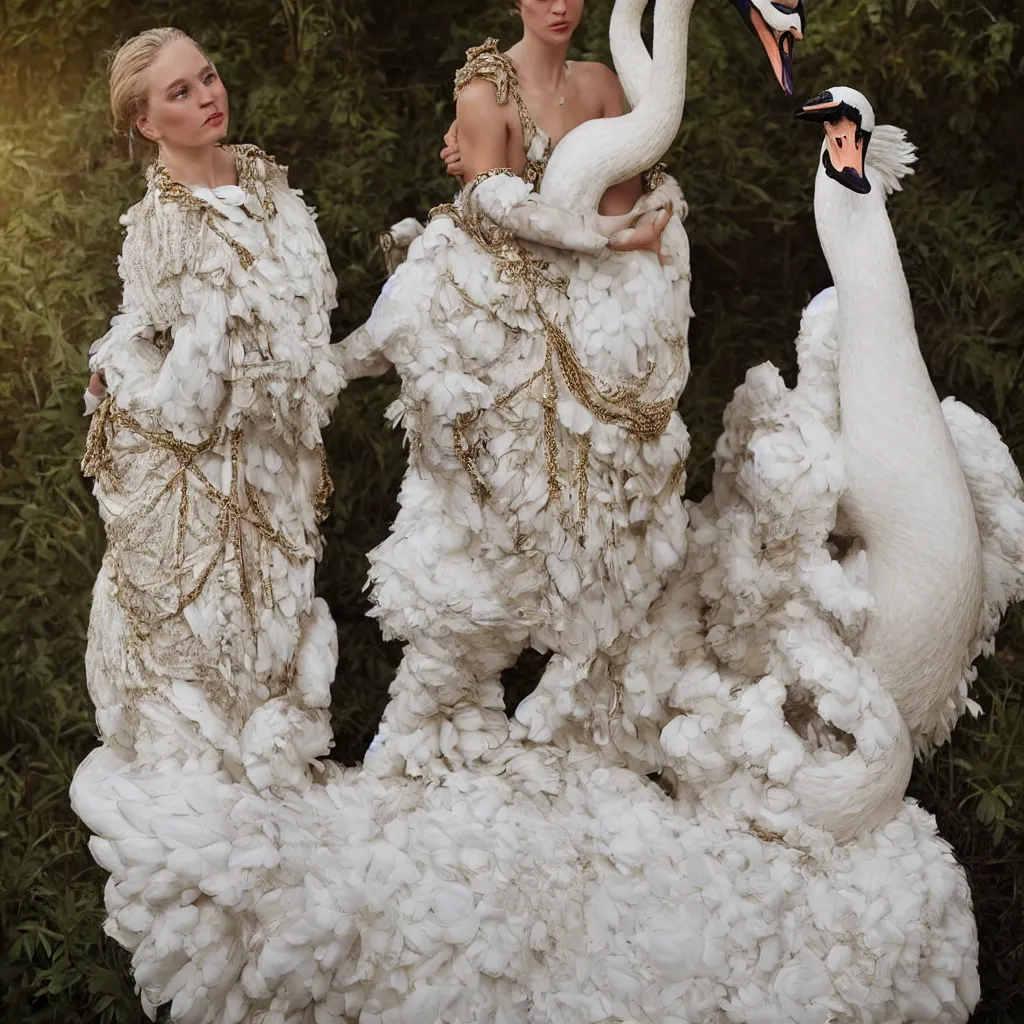 Image similar to a beautiful lady with a large majestic ornate cotton dress with a realistic swan in her arms dramatic light, meredit frampton style