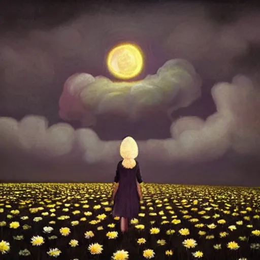 Image similar to giant daisy flower as a head, girl walking in field, surreal photography, moon light, dark night, dramatic, impressionist painting, clouds, digital painting, artstation, simon stalenhag