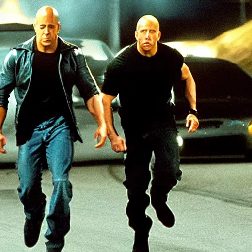 Image similar to film still of Vin Diesel as Domenic Toreto and Keanu Reeves as Brian O’Conner in a high speed chase in Fast and the Furious