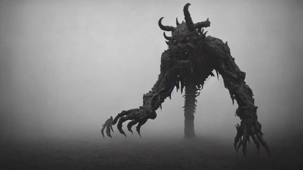 Image similar to vintage photography of a many-armed elder demon looming in fog