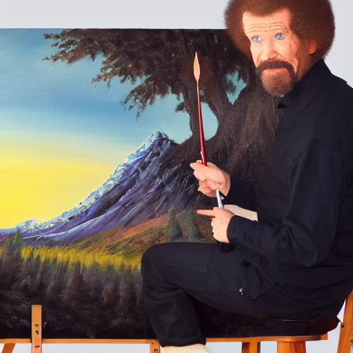 Image similar to a closeup photorealistic photograph of bob ross working on a canvas painting of marilyn manson. happy trees, mountain scape. film still. brightly lit scene. this 4 k hd image is trending on artstation, featured on behance, well - rendered, extra crisp, features intricate detail, epic composition and the style of unreal engine.