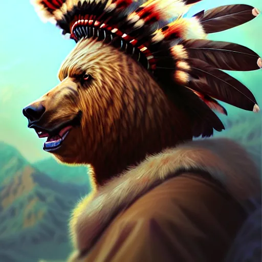 Image similar to anime portrait of a American native shaman wearing a bear headdress by Stanley Artgerm Lau, WLOP, Rossdraws, James Jean, Andrei Riabovitchev, Marc Simonetti, and Sakimichan, trending on artstation