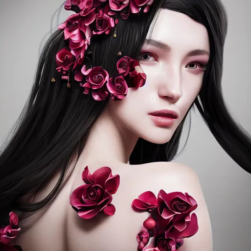 Image similar to beautiful girl in a dress made of black roses and cherry blossoms, beautiful portrait, symmetrical, character concept style trending on artstation concept art detailed octane render cinematic photo - realistic 8 k high detailed