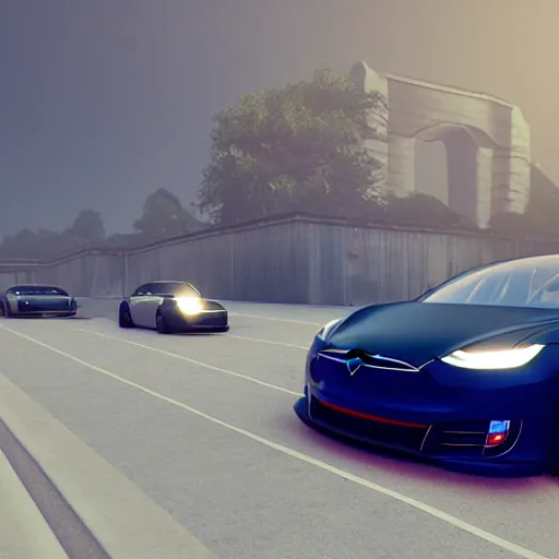 Image similar to 3000-style tuned tesla cars, unreal engine, cinema4D, Greg rutkowski, artstation